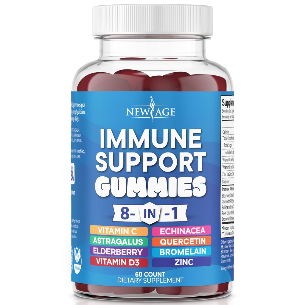NEW AGE 8 in 1 Immune Support Booster Supplement with Elderberry, Vitamin C and Zinc 50mg, Vitamina D 5000 IU, Quercetin & Bromelain (8 in 1 Gummies (Pack of 1))