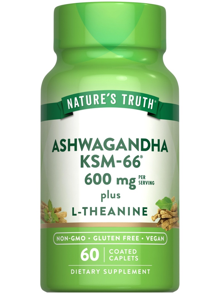 La verdad de la naturaleza KSM-66 Ashwagandha tención 60 cápsulas sometidas con L-Theanine ¦ Vegan, Non-GMO, " Gluten Free Supplement