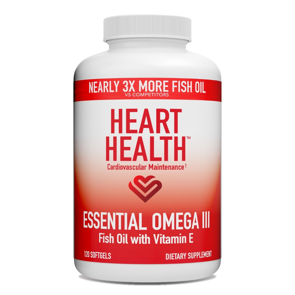 Heart Health Essential Omega 3 Fish Oil with Vitamin E - High Potency Omega 3 Fish Oil Supplement with EPA & DHA - Burpless Softgels from Sardines &amp; Anchovies - Non-GMO, Gluten Free - 60 Servings