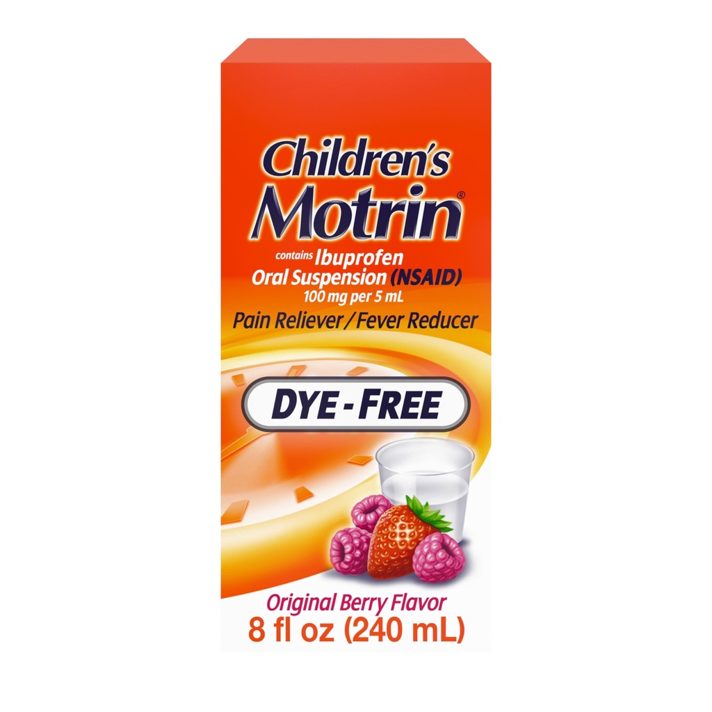 Suspensión Oral Motrin para niños 100mg Medicina de Ibuprofeno, Reductor de Fiebre NSAID &amp; Dolor para dolores menores " Debido a la gripe fría " , Dye Gratis, Alcohol-Free, Berry Flavored, 8 fl. oz