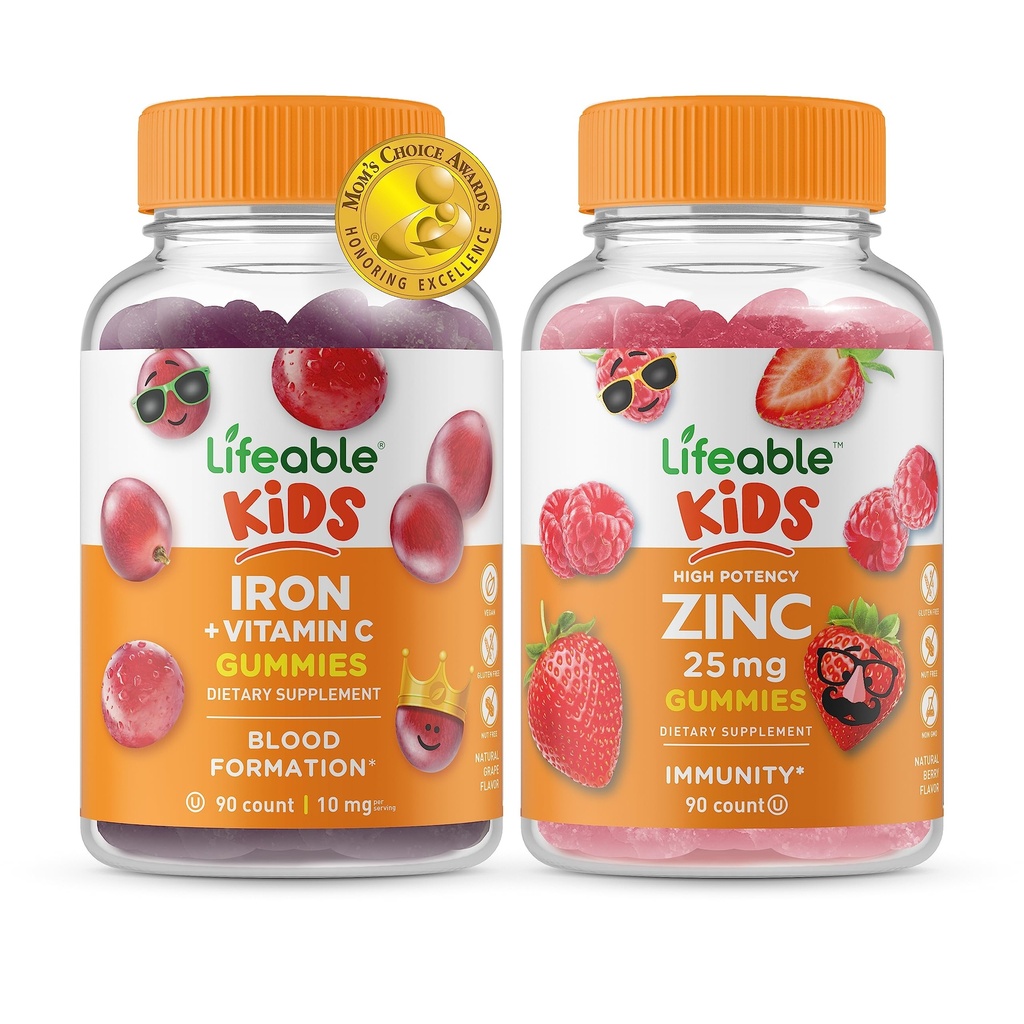 Hierro salvavidas &amp; Vitamina C Kids + Zinc 25mg Niños, Gummies Bundle - Gran Tasting, Suplemento de vitamina, Gluten Gratis, GMO Gratis, Chewable Gummy