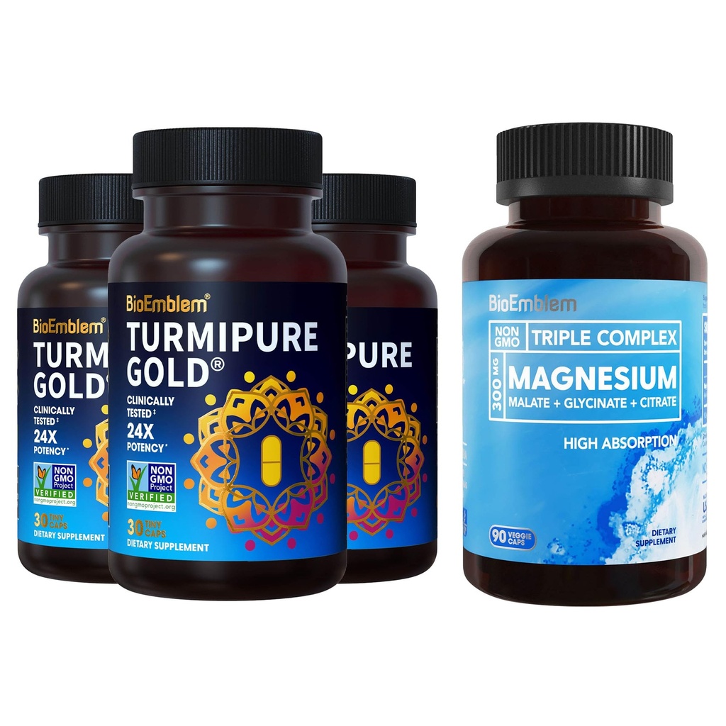 BioEmblem Complejo de Magnesio Triple y BioEmblem Curcumina Turmérica con TurmiPure Estudiada Clínicamente - Soporte Conjunto, Inflamación Saludable Suplementos Turméricos