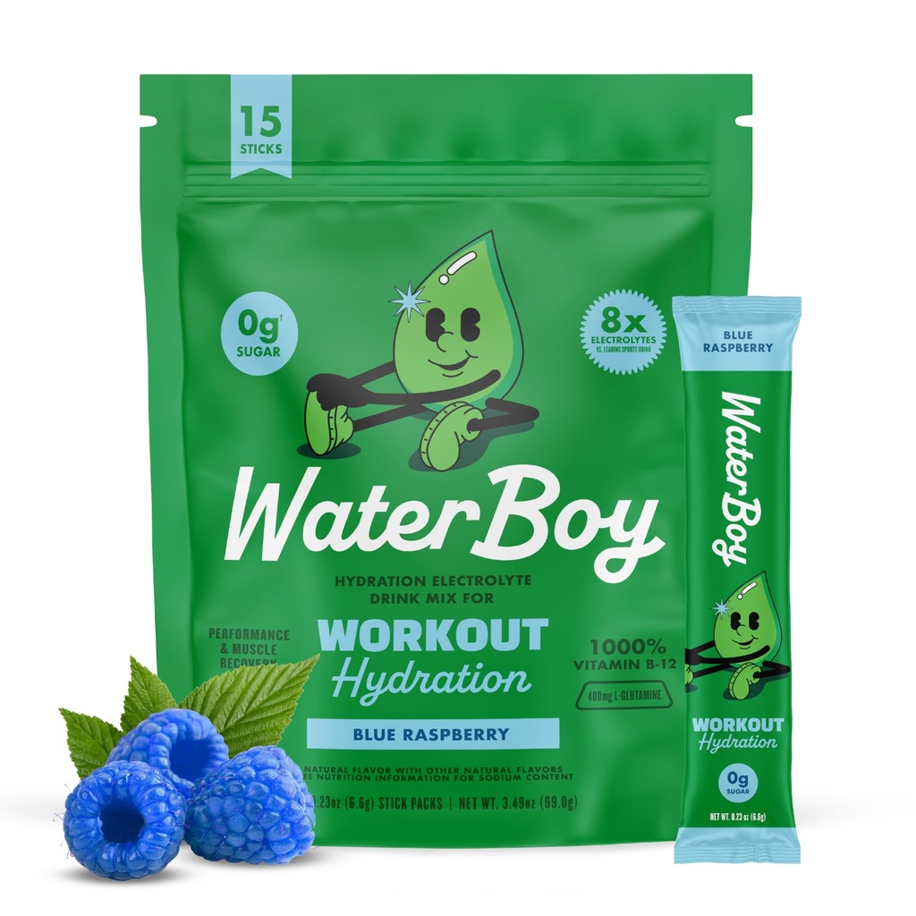 Waterboy Workout Hydration  2,960mg Sugar Free Electrolyte Powder Packets ← L-Glutamine + Vitaminas ← No Sugar, All Natural, Gluten Free ← 15 Drink Stick Mixes (Blue Raspberry)