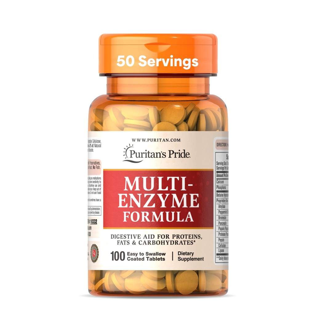Fórmula multienzima de Puritan, Ayuda Digestiva para proteínas, grasas y carbohidratos, Suplemento dietético para la digestión y el apoyo saludable de Gut, 50 Day Supply, 100 Easy to Swallow Coated Tablets
