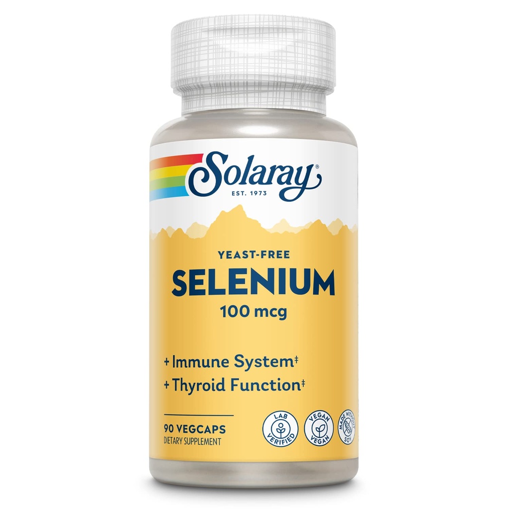 SOLARAY Selenium 100 mcg Suplemento para Hombres - Selenium 100mcg cápsulas, Tiroide &amp; Immune Health Support, Yeast Free, L Selenomethionine, Antioxidant Support, Vegan - 90 Veg Caps