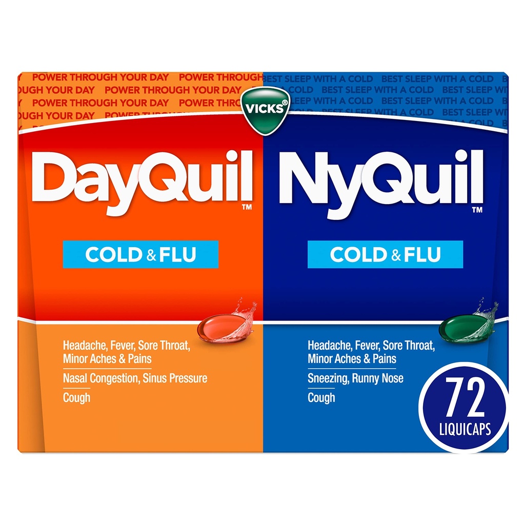Vicks DayQuil &amp; NyQuil Co-Pack, Frío &amp; Flu Medicine, Powerful Multi-Symptom Daytime &amp; Nighttime Relief for Headache, Fever, Sore Throat, Minor Aches & Pains, " Cough, 72ct