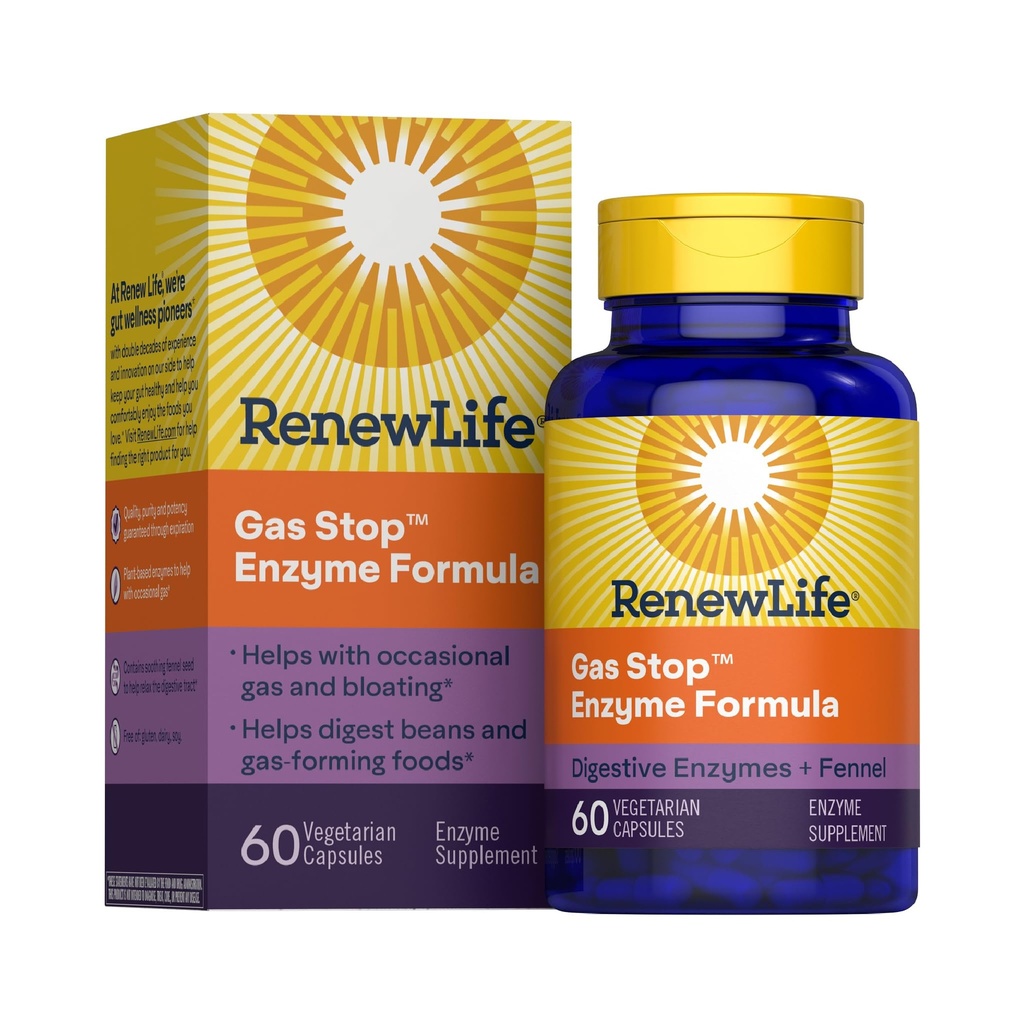 Renew Life Adult Plant-Based Enzyme Suplemento - Gas Stop Enzyme Formula, Dariy Free - 60 cápsulas vegetarianas
