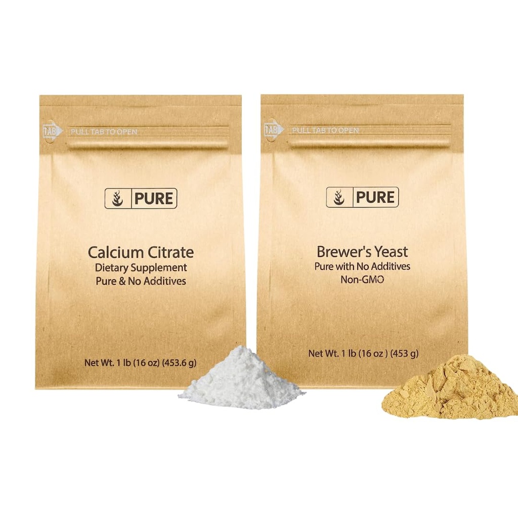 Pure Original Ingredientes Levadura de Brewer y Calcio Citrate Bundle, 1 lb Cada, No Aditivos o Fillers, Suplementos