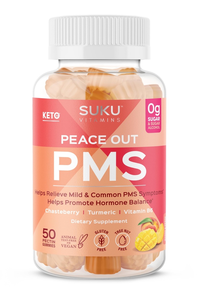 SUKU Vitaminas - PMS Gummy Suplemento con Chasteberry para Aliviar PMS y Menopause Peach Mango Gummies (50 Conde)