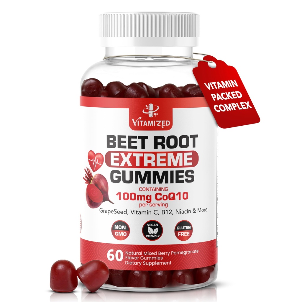 Extreme Beetroot Formula " COQ10 100mg con Grape Seed Extract, para Circulation Energy " Flow, 1500mg Beet Root Gummies Extracto Gluten Free 60