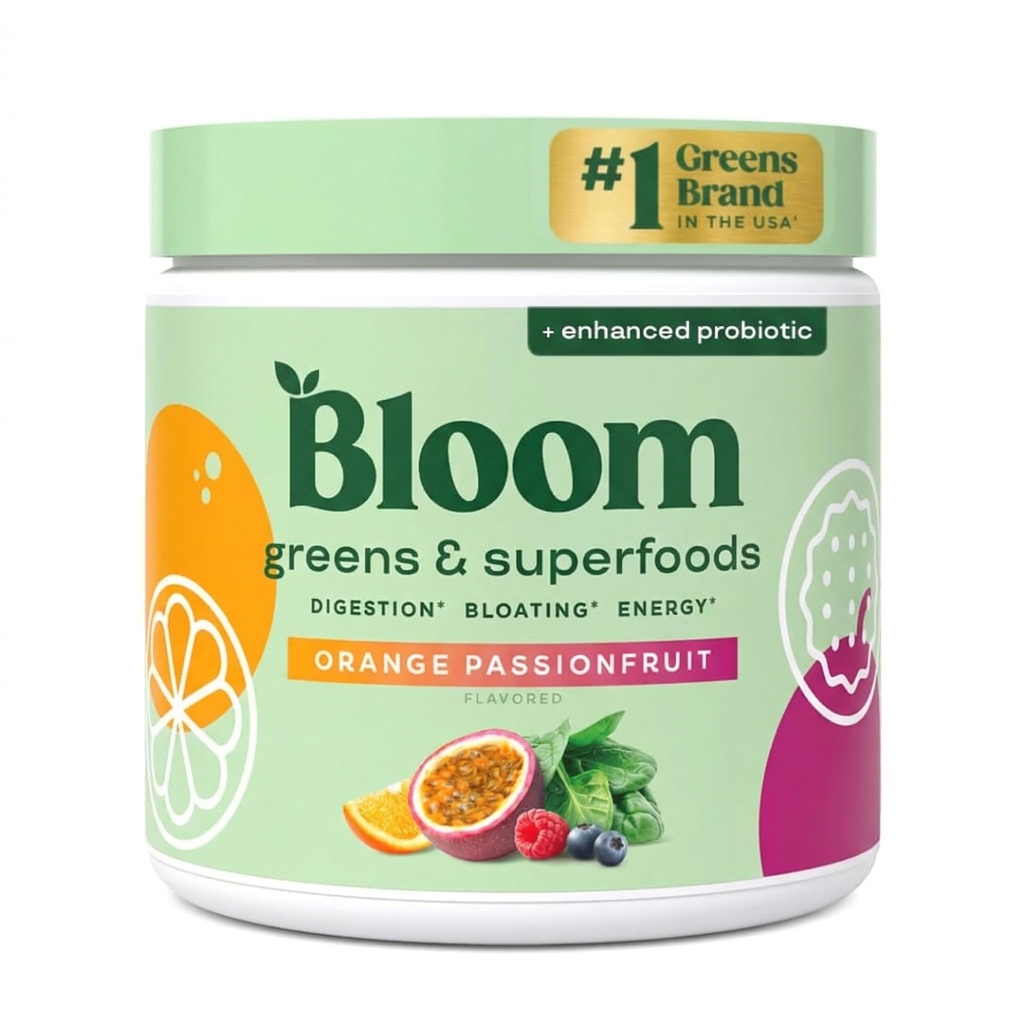 Bloom Nutrition Superfood Greens Powder, Enzymes Digestivos con Probióticos y Prebióticos, Gut Health, Bloating Relief for Women, Chlorella, Juice Mix w/Beet Root Powder, 30 SVG, Orange Passionfruit
