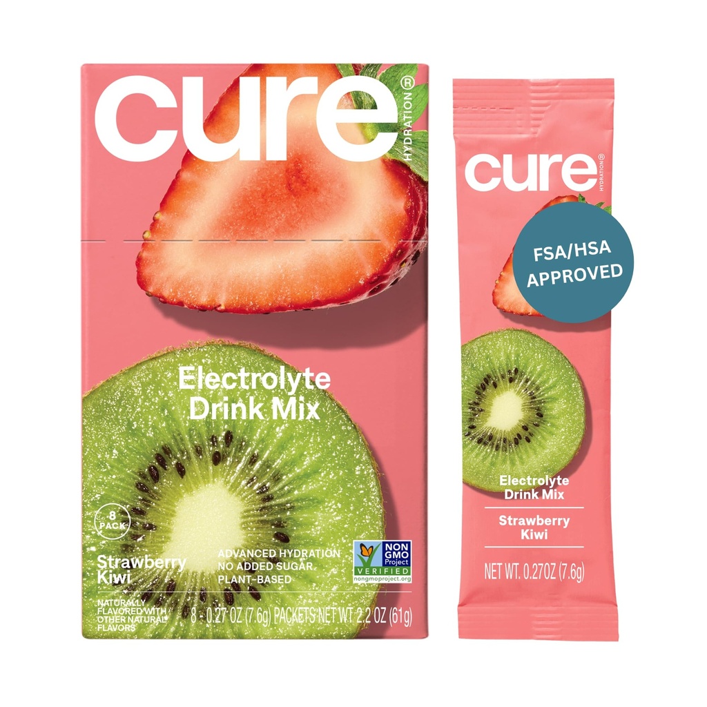 Cure Hydration ¦ Plant-Based Electrolyte Drink Mix ← No Añadido Sugar ← Dehydration Relief Powder Hecho con Coconut Water ← Non-GMO ← Vegan tención Caja de 8 Packets - Strawberry Kiwi