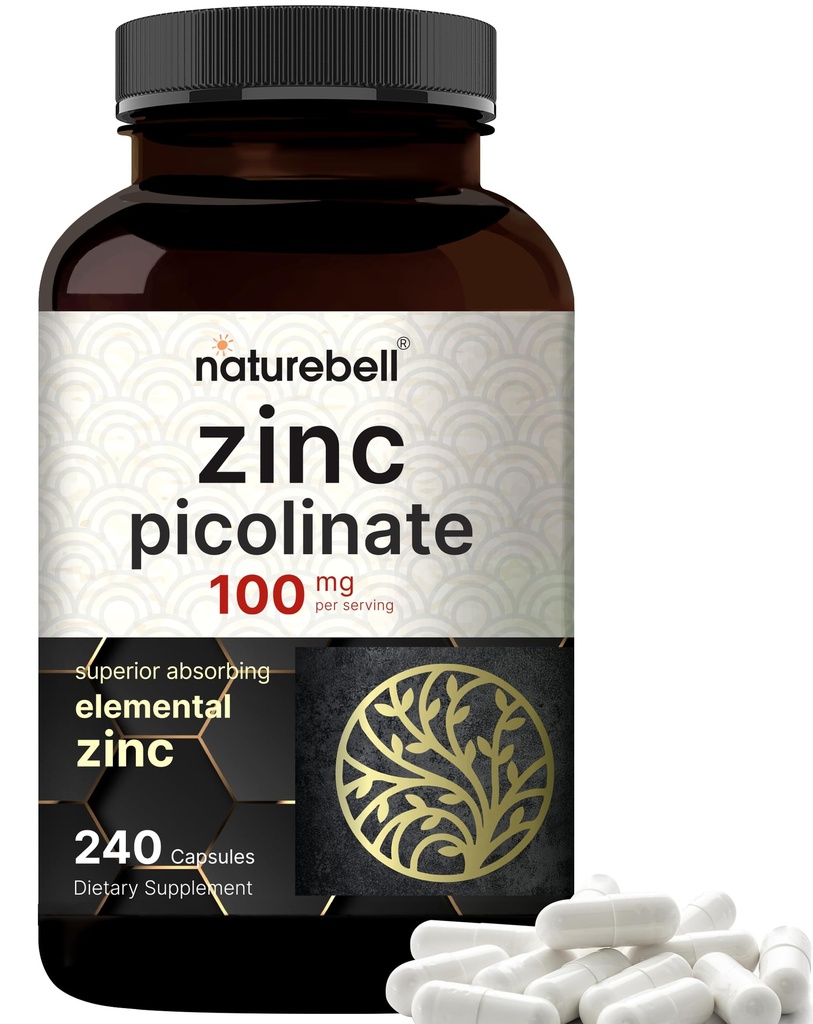 Alta Potencia Zinc Picolinate 100mg - 240 cápsulas, forma biodisponible de zinc para el soporte inmunitario y la salud de la piel - No GMO y Gluten