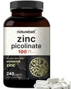 Alta Potencia Zinc Picolinate 100mg - 240 cápsulas, forma biodisponible de zinc para el soporte inmunitario y la salud de la piel - No GMO y Gluten