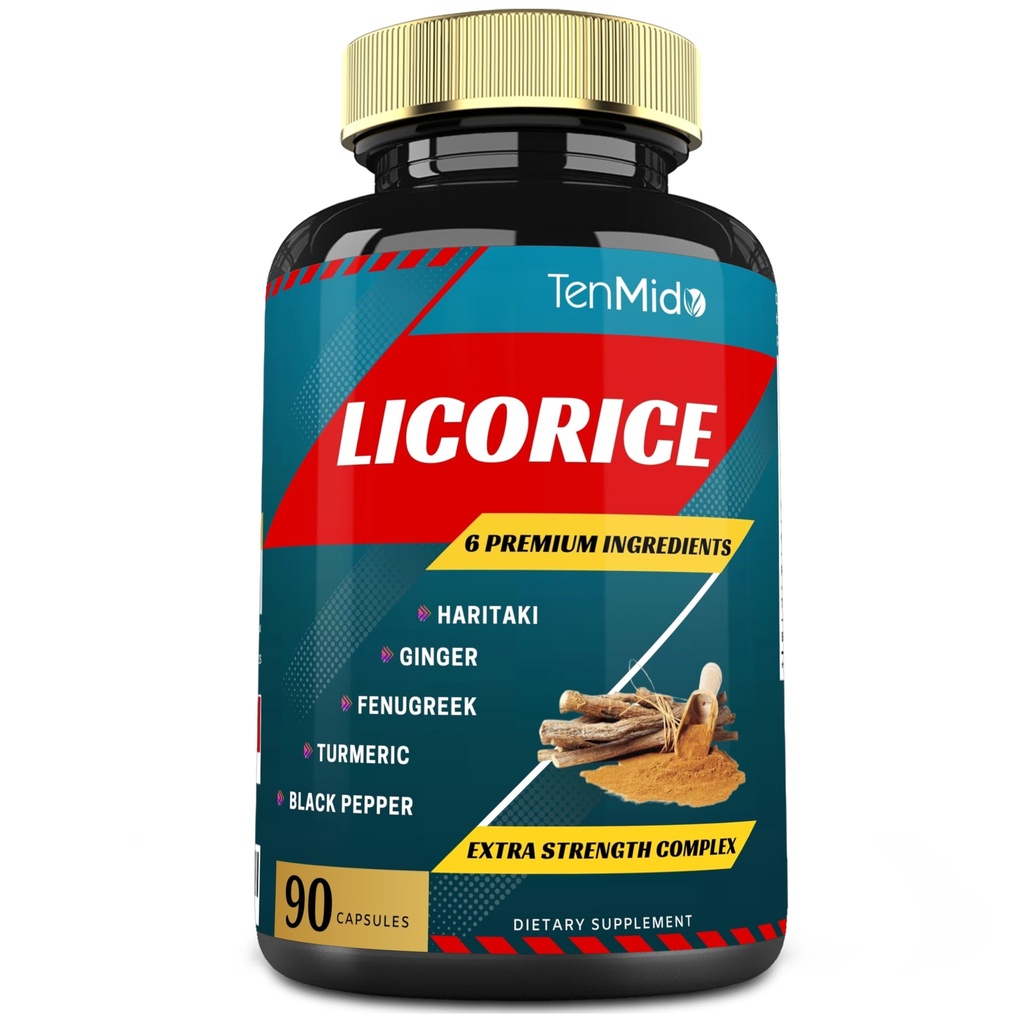 Licorice Extract Capsules con Turmeric, Ginger, Fenugreek, Haritaki, Black Pepper - Función de la digestión de soporte - 90 caps, 3 meses de suministro