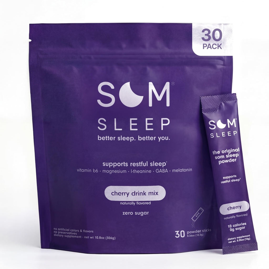 Som Sleep, Calm Sleep Aid Powder Drink Mix, 3mg Melatonin, Magnesium, Vitamina B6, L-Theanine & GABA – Vegan, Zero Sugar, Keto Friendly – Cherry, 30-Pack