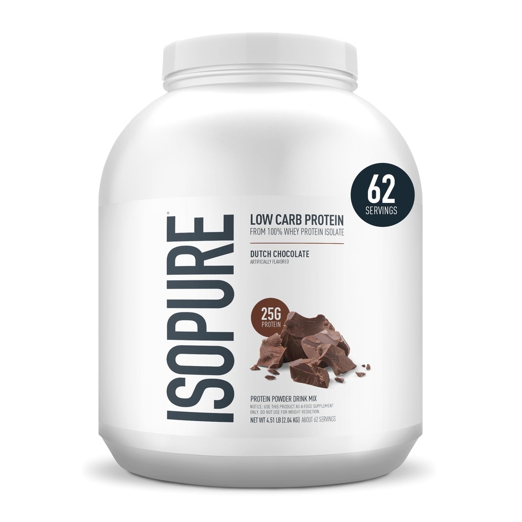 Isopure Low Carb 100% Pure Whey Isolate Protein Powder, Lactose Free, Gluten Free, With Vitamins, Dutch Chocolate, 25g Protein Por Serving, 4.5 Lbs, 62 Servings (Packaging May Vary)