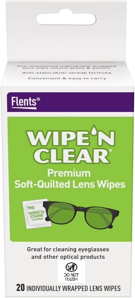 Flents Lens Wipes, Wipe 'N Clear, 20 Conde, Pre-Moistened, Streak-Free, Caja fuerte para los cristales, Anti-Fog, Limpieza suave, Visión clara, Ganado individualmente para la comodidad de viaje, hecho en los EE.UU.
