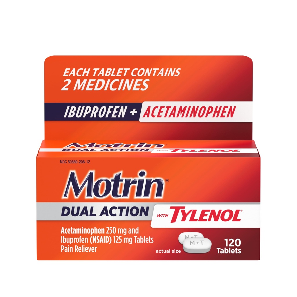Motrin Dual Action with Tylenol, Ibuprofen &amp; Acetaminophen Fast-Acting Dual Action Doin Reliever for Minor Aches ' Pains, Ibuprofen (NSAID) 125 mg " Acetaminophen 250 mg, 120 ct