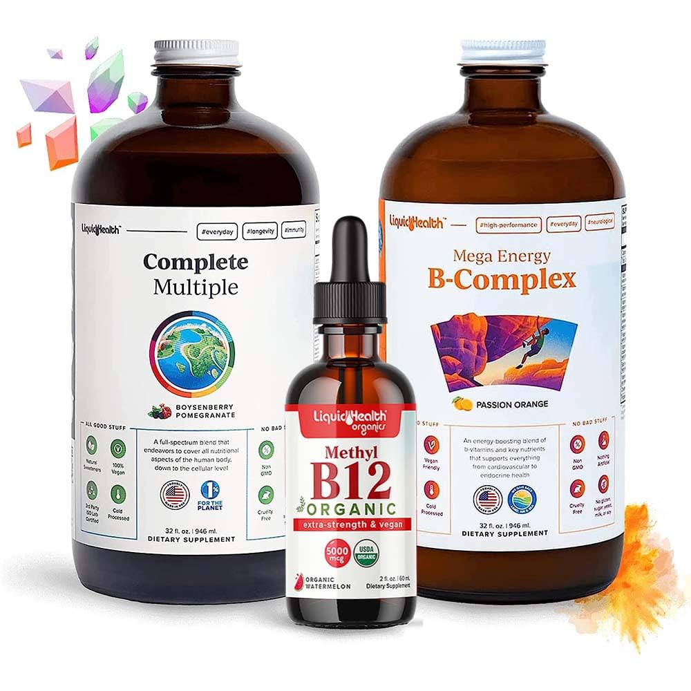 LIQUIDHEALTH High Performance Vitamin Bundle for Adults with Mega Energy B-Complex, Complete Multiple Multivitamin & Organic Vitamin B12 Drops - Boost Natural Energy &amp; Improve Athletic Performance