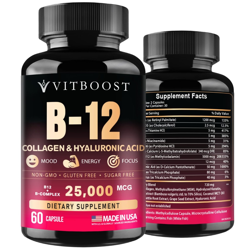 B12 con ácido hialurónico, colágeno y folato – 25000 mcg Complejo B12 ← Maximizar Absorción " Energética ANTE Gluten Free USA Made, B1, B2, B3, B6, B7, B12 Vitaminas 5000 mcg Methylcobalamin - 60 cápsulas