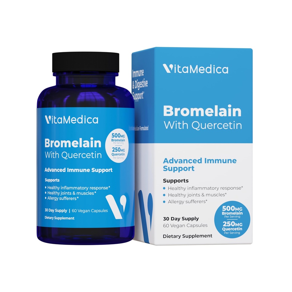 VitaMedica Bromelain " Quercetin Supplement - 500mg Bromelain 250mg Quercetin - 2400 GDU para la inmunidad, soporte conjunto, inflamación y recuperación muscular - 60 cápsulas Vegan - 30 servicios