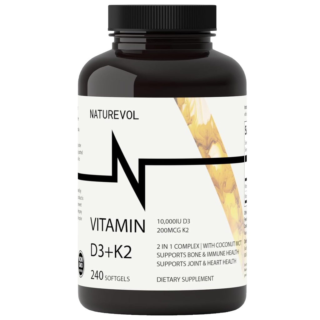 Vitamina D3 + K2 con aceite de coco - D3 10,000 UI & K2 (MK-7) 200 mcg ← 2-en-1 Soporte de alta potencia para la salud ósea e inmunitaria TEN Easy to Swallow ← Non-GMO, Gluten &amp; Soy Free - 240 Softgels