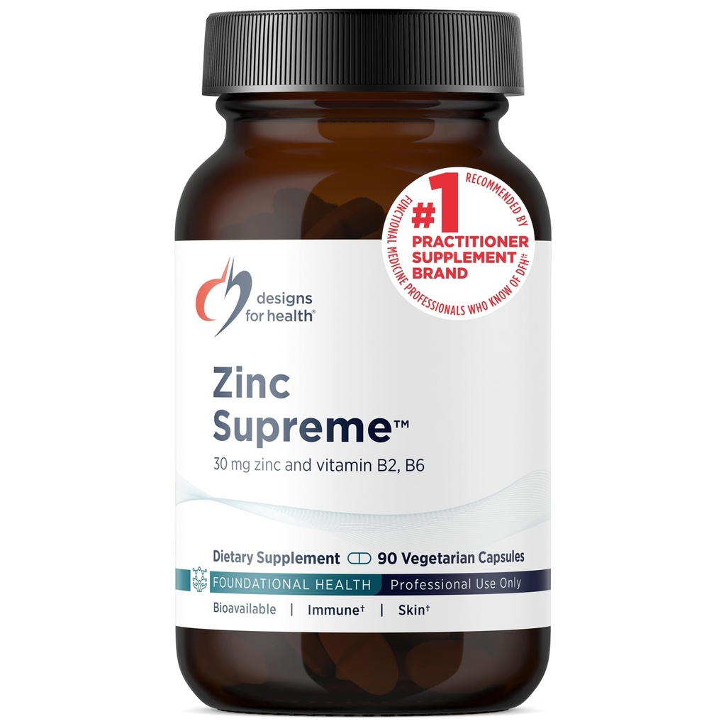 Diseños para la salud Zinc Supreme - 30mg Zinc Bisglycinate Chelate Suplemento con Cofactores Taurina, Vitamina B6, B2 + Molibdeno - Suplemento de Apoyo Inmunitario - Vegan + No GMO (90 cápsulas)