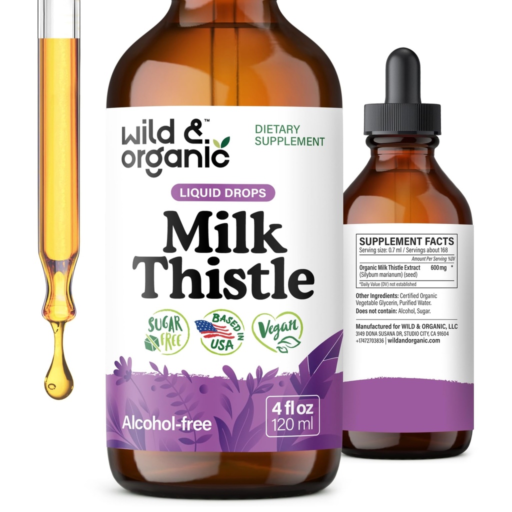 Wild &amp; Organic Milk Thistle Liquid Drops - Liver Cleanse Detox - Silymarin Milk Thistle Supplement for Liver Support - Add to Tea - Silybum Marianum Seed Extract Tincture - Sugar &amp; Alcohol-Free - 4 oz