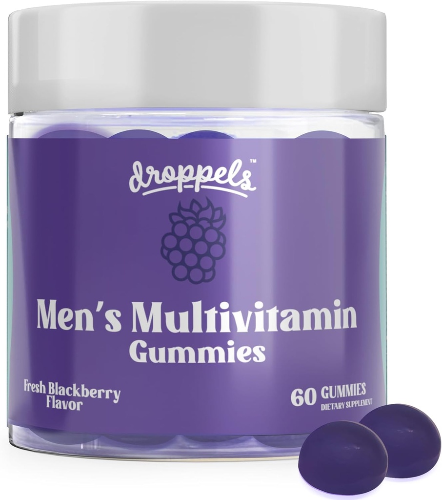 Droppels Mangas multivitamínicas masculinas con ácido fólico, vitaminas A, D, C, E, K, B6, B12, Biotina &amp; Más ANTE Vegan, No GMO &amp; Pectin-Based ← Fresh BlackBerry Flavor, 60 Condes