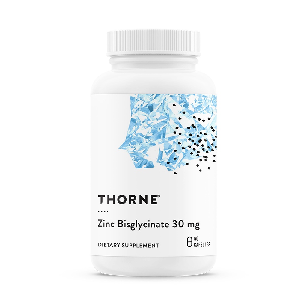 THORNE - Zinc Bisglycinate 30 mg - Suplemento Zinc altamente absorbible - Apoyos Sistema Inmunitario, Ojo, Esquía y Salud Reproductiva* - Certificado de Terceros - Gluten, Leche &amp; Soy Libre - 60 cápsulas