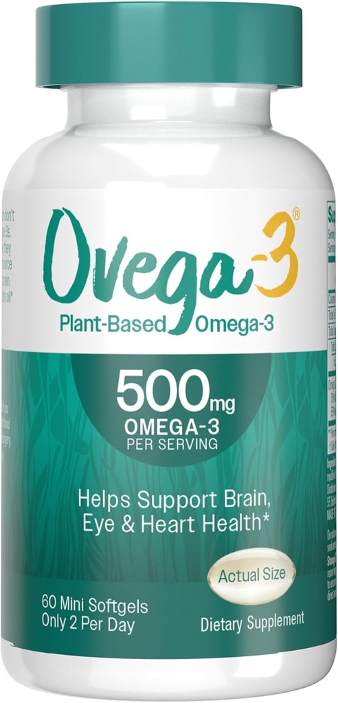 OVEGA-3 Planta-Basada Omega-3 de Algal Oil Daily Supplement, 500mg, Apoya Cerebro, Ojo & Corazón Salud, Dos mini softgeles por día, 60 Cuenta