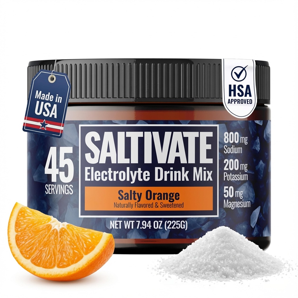 Zero Sugar Electrolyte Powder ← Salty Orange Hydration (con Stevia) ← High Sodium Potassium Magnesium Electrolytes for Fasting, POTS, Sweat Recovery ← Hace 45 Servings of 32 Fl Oz tención Made in USA