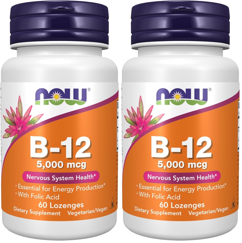 AHORA Suplementos, Vitamina B-12 5,000 mcg, con ácido fólico, Nervous System Health*, 60 Lozenges (Pack of 2)