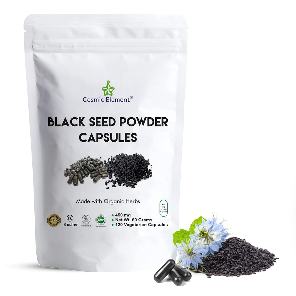 Elemento Cósmico 100% Pure Black Seed Powder Capsules Orgánico - Vegan Nigella Sativa 450mg Negro Cumin Semillas por Serving for Health - 120 Capsules