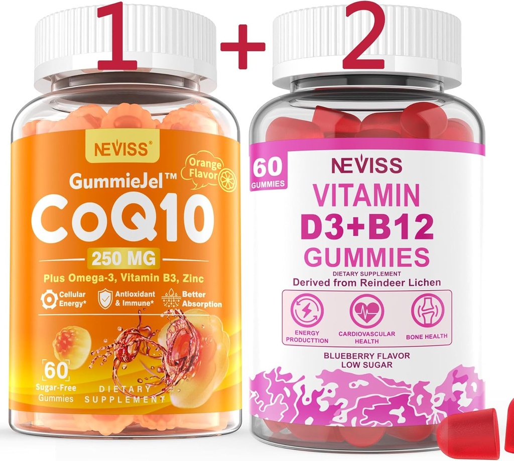 NEVISS Sin azúcar CoQ10-250 mg Mangas llenas,60Cts + Vitamina Vegana D3 5000IU &amp; Metil B12 1000mcg Gummies, 120Cts