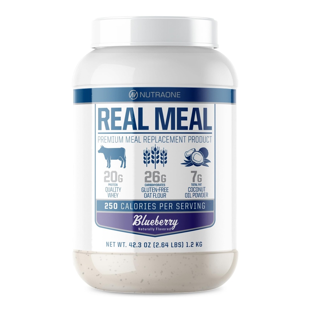 Real Meal by NutraOne - Perfect Meal Replacement Powder para Objetivos de Todos los Días TENIDO Incluye Whey Protein, Aceite de Coco y Ataques sin gluten* (Blueberry – 2.6 libras).