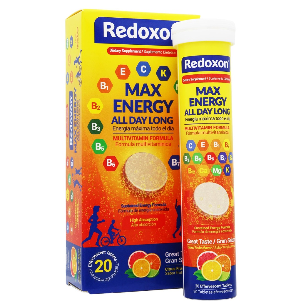 Redoxon Max Energy, ayuda al sistema inmune, Citrus Flavor, 20 tablas efervescentes, 2,82 Oz, Box