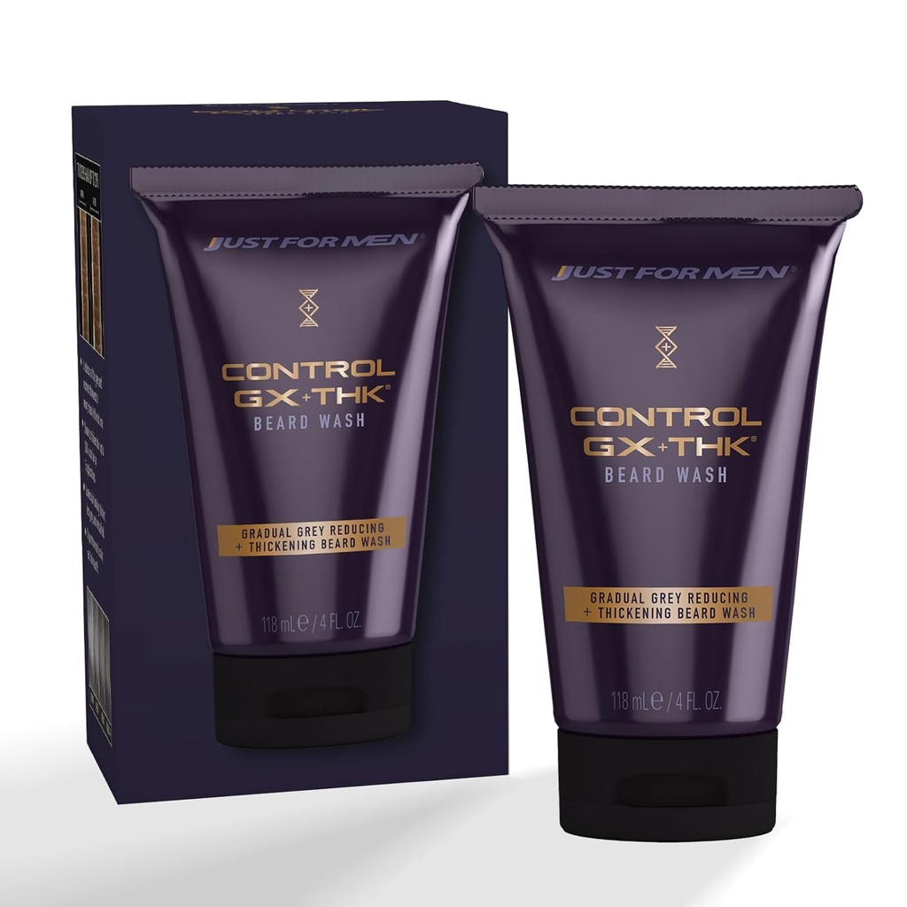 Solo para Hombres Control GX + THK Lavado de barba con reducción gris, Keratina Alfa ayuda al crecimiento de la barba, teje el cabello hasta 20%, trabaja con cada textura del cabello, 4 oz