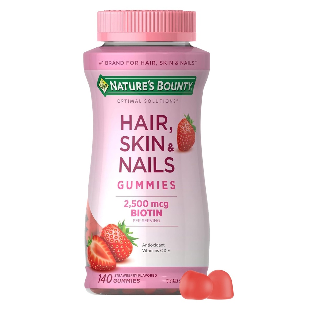 Pelo de rebote de la naturaleza, Piel &amp; Nails con biotina, frambuesa Gummies Suplemento de vitamina, soporta cabello, piel y salud de uñas para mujeres, 2500 mcg, 140 Ct, 70 Servimientos totales