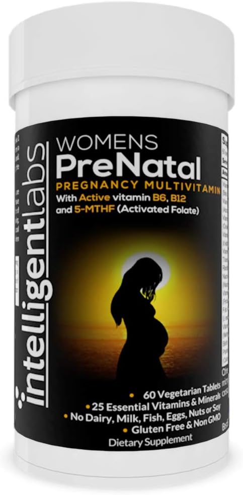 Laboratorios inteligentes Multivitamínicos prenatales femeninos, 25 vitaminas y minerales esenciales del embarazo, con folato activado de 5 MTHF, B12 activo y B6, suministro fácil de llevar, 2 meses