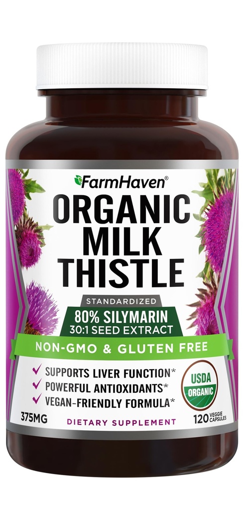 FarmHaven USDA Organic Milk Thistle Capsules TEN 30X Concentrated Seed Extract & 80% Silymarin Standardized - Supports Liver Function and General Health TEN Non-GMO TEN 120 Vegan Capsules