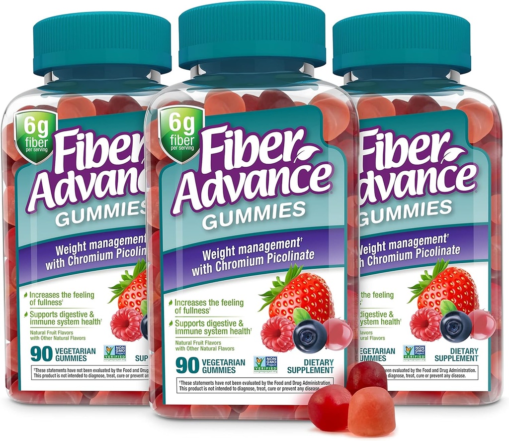 Fiber Advance Weight Management Gummies ← 100% Fibra basada en plantas para el bienestar digestivo y la salud de Gut ← Chromium Picolinate for Weight Management Support (3-Pack)