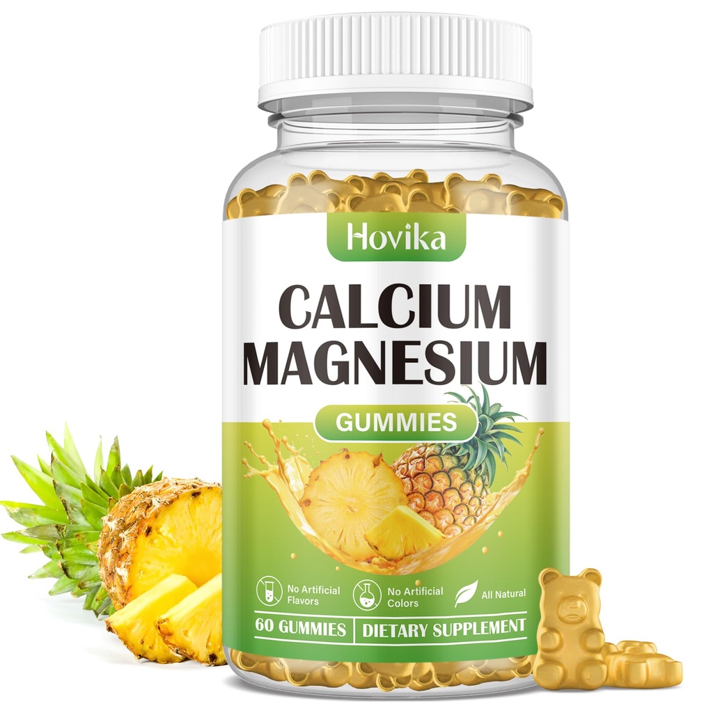 Calcio Magnesio Zinc Gummies, Calcio Magnesio 2:1 Ratio con vitamina D3, K2, B6, B12 para la fuerza ósea, Función muscular " Nerve Health, Fórmula de Absorción Extra, Vegan, Pineapple Flavor 60 Gummies