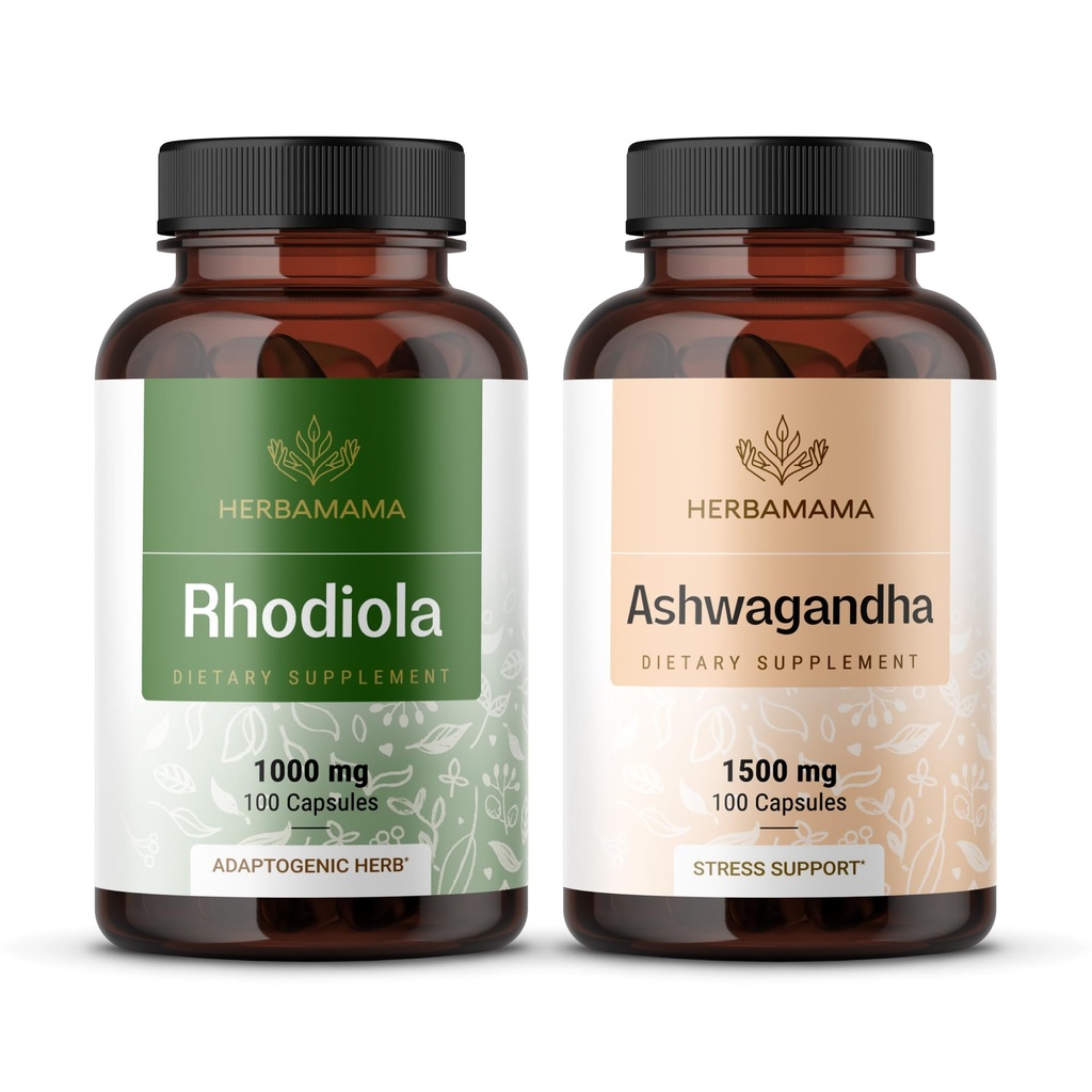 HERBAMAMA Rhodiola Rosea y Ashwagandha Kit - Bundle of 1000 mg Rhodiola Rosea Capsules &1500 mg Ashwagandha Root Capsules - Vegan, Non-GMO, Gelatin-Free - 2 Pack