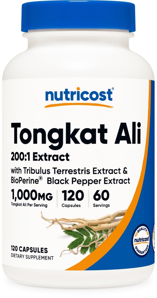 Nutricost Tongkat Ali 1.000mg 120 Capsules - con Tribulus Terrestris y BioPerine, Vegetarian Caps, Non-GMO, Gluten Free, Potent Extract