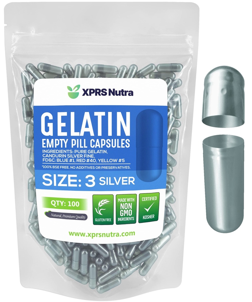 XPRS Nutra Size 3 Empty Capsules - 100 Conde Empty Gelatin Capsules - Pills DIY Capsule Filling - Pure Bovine Pill Gel Caps for Do-It-youself Supplements (Silver)