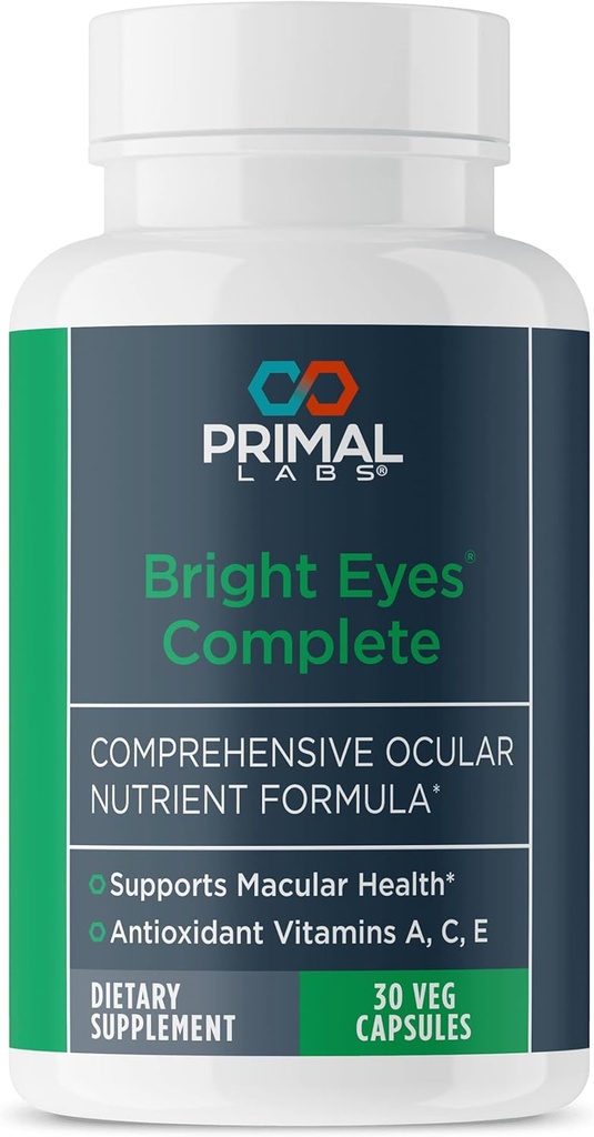 Primal Health Bright Eyes Complete - Ocular &amp; Macular Health - Clear Vision - Lutein & Zeaxanthin Formula - Healthy Eyesight - Relieves Eye Strain from Blue Light - Suplemento dietético - 30 cápsulas