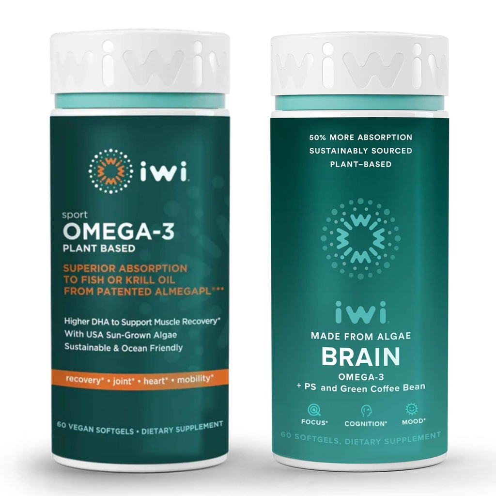 iwi Omega-3 Sport & Brain Omega-3 Bundle, 30 Servings, Vegan Plant-Based Algae Omega 3 con EPA + DHA, Krill " Fish Oil Alternative, No Fishy Aftertaste
