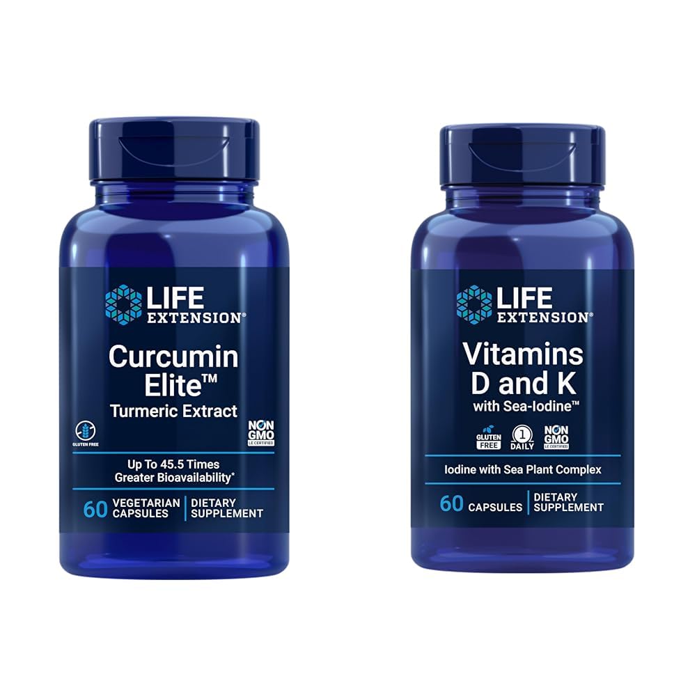 La extensión de vida Curcumin Elite Turmeric Extract, promueve una respuesta inflamatoria saludable " Vitaminas D y K con Iodo marino, vitamina D3, vitamina K1 y K2